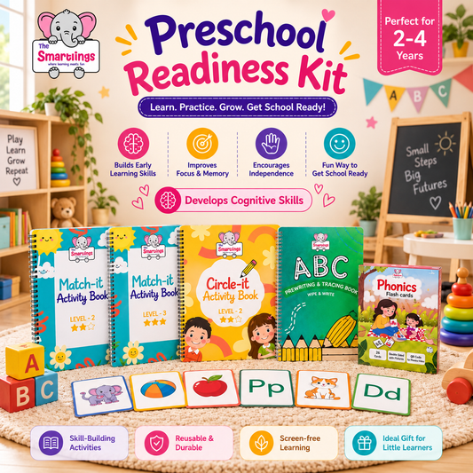 Preschool Readiness Kit by The Smarlings, featuring a colorful set of activity books, flashcards, and wooden blocks arranged on a cozy, decorated children's room shelf and floor. The kit includes books like 'Match-it Activity Book', 'Circle-it Activity Book', 'ABC Spelling & Teaching Book', and 'Phonics Flash cards', along with matching cards and blocks.